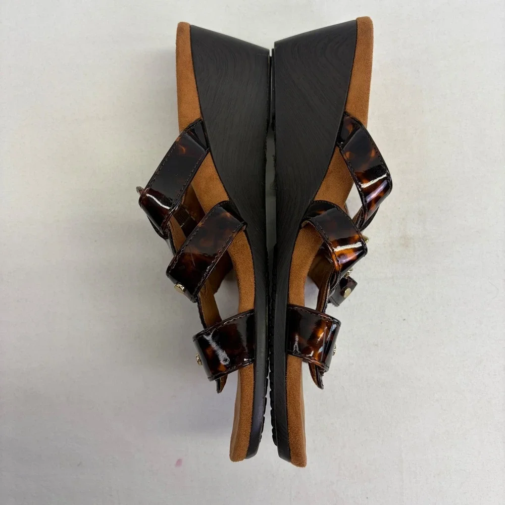 Vionic Radia Wedge Sandals Women 7 Tortoise Shell Patent Strappy Orthopedic